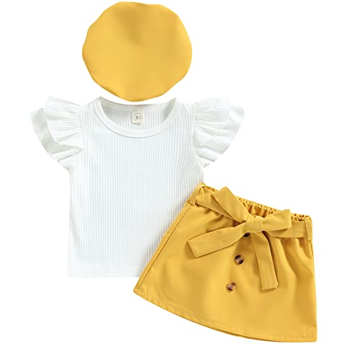 Mubineo Toddler Baby Girl 2Pcs Summer Skirt Outfits Short Sleeve Shirt Tops Mini Skirts Hat Set (White Mustard Yellow 3Pcs, 9-12 Months) #TOP7