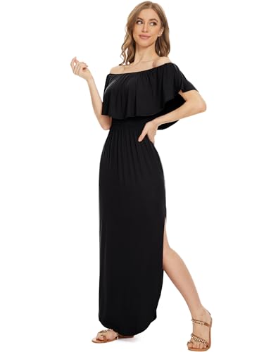 Image of LILBETTER Womens Off The Shoulder Ruffle Party Dresses Side Split Beach Maxi Dress