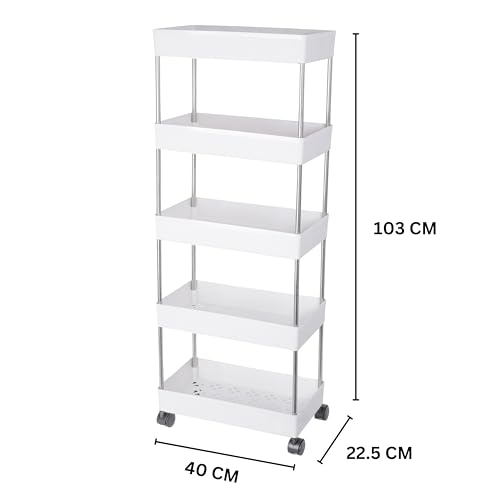 Image of AEXONIZ TOYS Plastic Kitchen Storage Trolley Rack with Wheels, Slide Out Rolling Utility Cart Storage Shelves, Space Saving Home Storage Organizer Racks (White, 5 Layer)