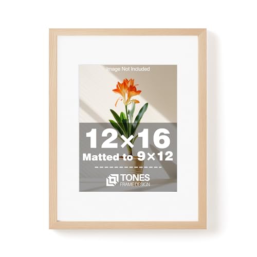 TONES FRAME DESIGN 12x16 Frame with Mat for 9x12 12x16 Picture Frame Natural Solid Wood Veneer Finish 12 x 16 Frames with Plexiglass Wooden 16x12 Frames for Gallery Wall Photo Art Prints Home Decor