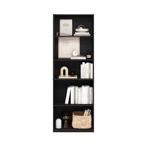 Image of Furinno GEHRY Book Shelf, 5-Tier Bookshelf with Open Shelf, Standing Bookcase with Adjustable Shelves, 11.6 x 24.8 x 71.4, for Living Room, Bedroom, Home Office, Blackwood