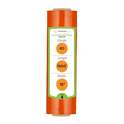 PSBM Orange Stretch Wrap, 4 Pack, 18 Inch x 1500 Feet, 80 Gauge, Tinted/Transparent Hand Stretch Film Rolls for Packaging Moving Packing Pallets