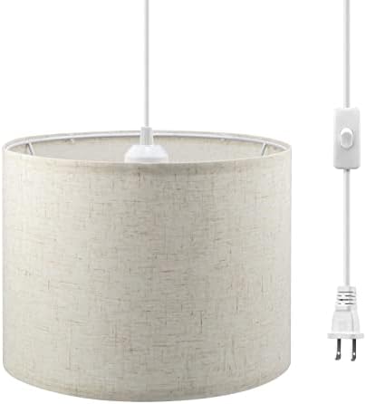 KUAUGST Plug in Pendant Light,15 FT Hanging Lamp with Plug in Cord, On/Off Switch, Pendant Lighting with Fabric Shade, Hanging Light Fixture for Living Room, Bedroom, Dining Room, Kitchen (Beige)