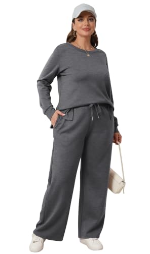 Image of WIHOLL Women's 2 Piece Lounge Sets Sweatshirt Casual Travel Outfits Fashion Wide Leg Tracksuit Cozy Sweatsuits