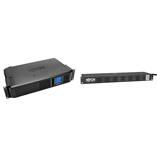 Tripp Lite 1500VA Smart UPS Battery Back Up, 900W Rack-Mount/Towe & Rackmount Network-Grade PDU Power Strip, 12 Right Angle Outlets Wide-Spaced, 15A, 15ft Cord w/ 5-15P Plug, (RS1215-RA)