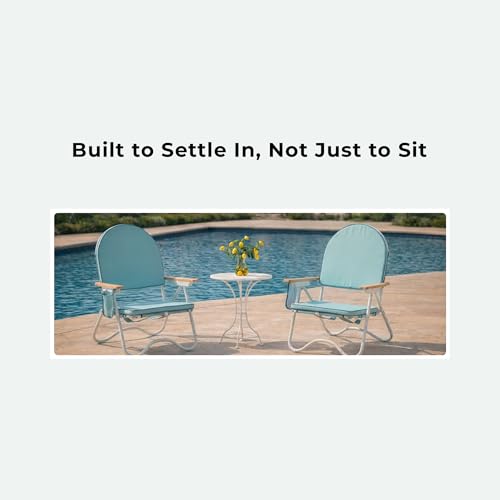 Image of Padded Low Beach Chair, 4-Position Folding Outdoor Chair with Wooden Armrests, Cushioned Seat, Storage Pouch & Carry Strap for Beach, Patio and Lawn, Harbour Cypress Green