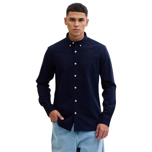 Image of SNITCH Men Casual Shirt College Wear | Slim Fit Full Sleeve Button-Down Collar Plain Style | Breathable Cotton Twill Fabric & Smooth Texture for Everyday Use