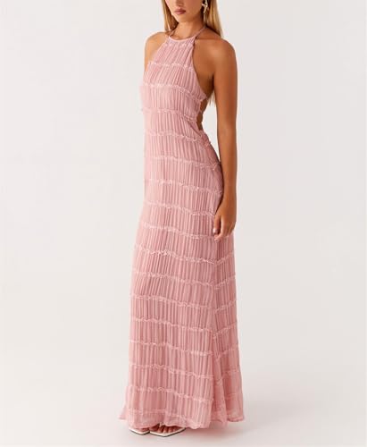 Image of Women Halter Ruched Maxi Dress Backless Sleeveless Long Dress Bodycon See Througn Pleated Sundress Beachwear