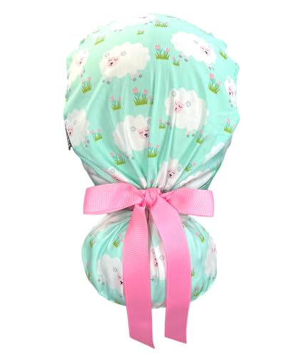 Image of Scrub Cap for Women and Men, Ponytail Scrub Caps, Working Hat, Head Cover with Ribbon Ties and Buttons, Long Hair