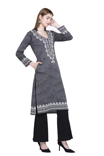 Image of REBECCA Women's Winter Woolen Kurti Jacquard Straight Fit Ethnic Wear with 2 Side Pockets