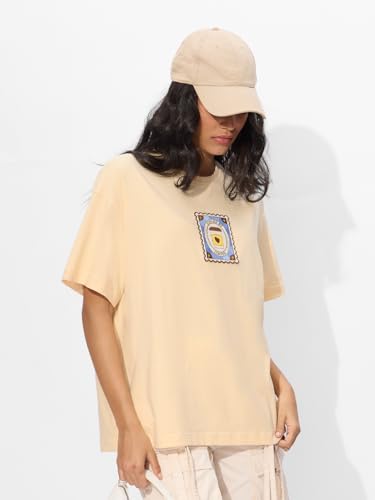 Image of The Souled Store Coffee Stamp Women and Girls Short Sleeves Round Neck Applique Patch Cotton Oversized T-Shirts