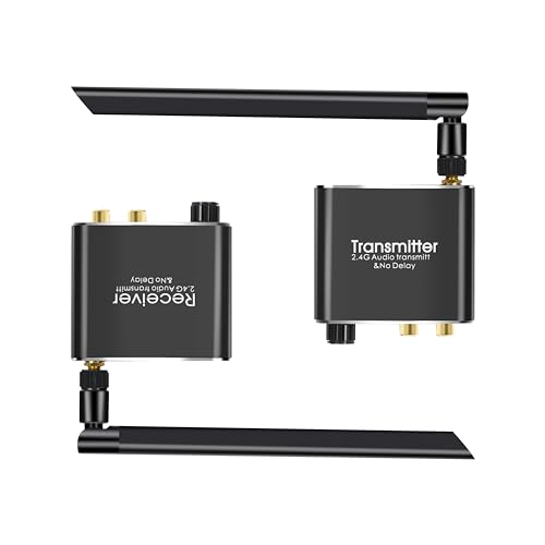 Alanph 2.4G Wireless Audio Transmitter Receiver, RCA(3.5mm) Out input/164ft Long Range No Latency/HD Audio/Two-Way Volume Control, Wireless Adapter Kit for TV