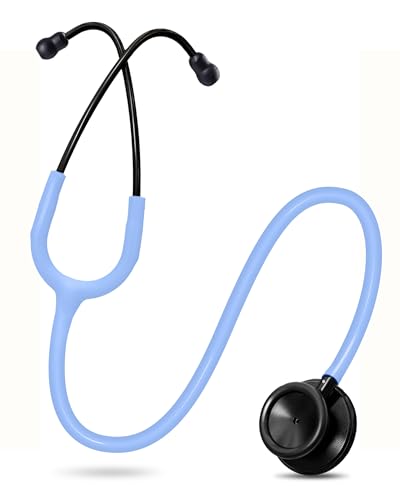 Image of FriCARE Dual Head Stethoscope - Stethoscopes for Nurses, Medical Nursing Students, Paramedics /EMT /LVN /VNA Backup Estetoscopio, Frost Blue Tube, Matte Black Finish Chestpiece