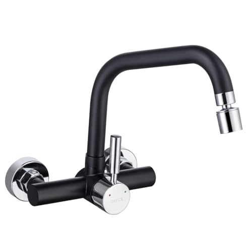 ONECE Robinet de Cuisine Mural Noir 2 Jets d'eau, Mitigeur d'évier en Acier Inoxydable 304, Robinettrie Encastré avec Bec Rotatif, Pivotant à 360°