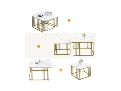 Image of Square Nesting Table Set of 2 for Living Room, Room Decoration Item for Bedroom, Coffee & Side Table with Marble MDF White Top and Iron Base (White Gold)