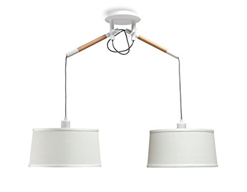 Mantra Iluminación. Modelo NÓRDICA. Lámpara de techo colgante doble de estilo nórdico fabricado en madera, acero y tela acabado en color blanco y madera. Altura regulable