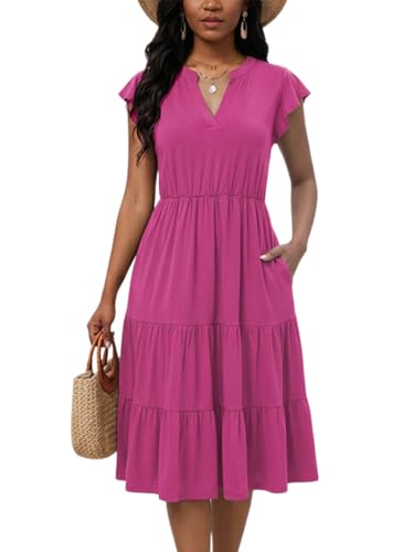 Image of Womens Summer Dress Ruffle Sleeve V Neck Midi Dresses Casual Fit Flowy Tiered Boho Beach Vacation Sundress