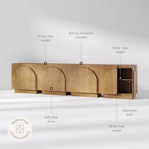 Image of Nathan James Iris Mid-Century Modern Wood Accent Cabinet Sideboard Credenza TV Stand with Arched Cabinet Doors and Adjustable Shelves for Kitchen or Living Room, Set of 4