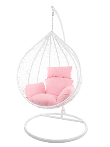 KIDEO Komplettset: großer Hängesessel mit Gestell & Kissen, Korbsessel, Poly-Rattan (Korb & Gestell: weiß, Kissen: rosa Nest (3002_Lemonade))