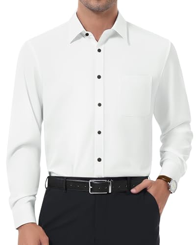 DEMEANOR Mens Dress Shirt Slim Fit Stretch Wrinkle Free Long Sleeve Button Down Shirts Business Weeding Tuxedo White Black M