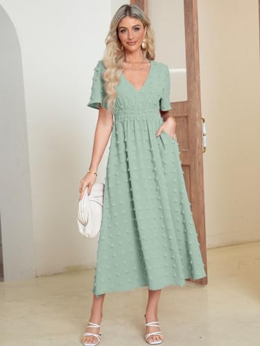Simplee Womens Boho Maxi Dress Summer Wedding Guest Short Sleeve V Neck Swiss Dot Flowy Dresses(M Sage Green)