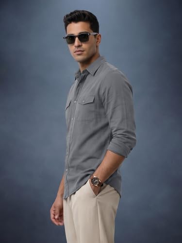 Image of Veirdo Men's Pure Cotton Utility Shirt | Full Sleeve Casual Button-Down with Dual Chest Pockets | Stylish & Comfortable Everyday Wear | Colors: Beige, Black, Maroon, Olive, Rust & White
