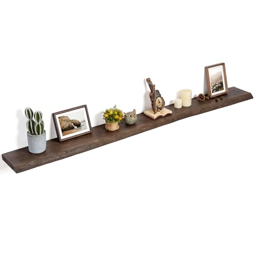 Image of Floating Shelves for Wall Decor, Rustic Solid Elm Wood Live Edge Floating Shelves Wall Mounted, Wall Shelves with Invisible Bracket for Living Room Bathroom Bedroom Kitchen, 72 Inch, Walnut