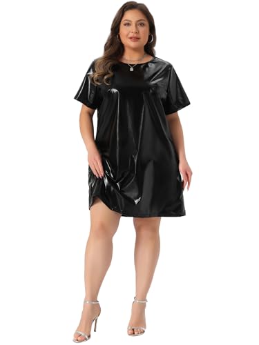 Image of Agnes Orinda Plus Size Dress for Women Metallic Round Neck Short Sleeve Party Clubwear Loose Mini T-Shirt Dress