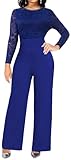 sexycherry Formal Jumpsuit for Women Wedding Guest Elegant Mock Neck Long Sleeve Blue Lace Long Straight Dressy Jumpsuits with Zipper for Cocktail Party(Blue,M)