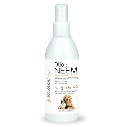 Olio di Neem per Cani e Gatti Spray 265ML - Protettivo Naturale, Antiparassitario, Repellente contro Parassiti, Zecche, Pulci, Zanzare e altri Insetti - Made in Italy