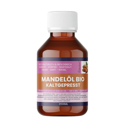 Aceite de almendras orgánico Natives prensado en frío – Aceite premium para masaje, piel y cuidado del cabello – aromaterapia – cuidado de uñas – sin aditivos – Nakobe (100 ml)