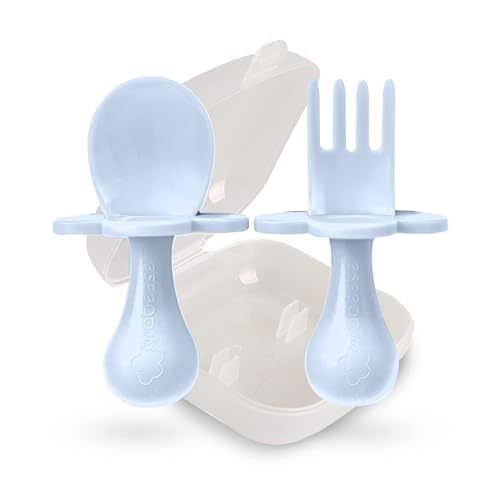 Image of Grabease Baby Spoon & Fork Set with Case - Ergonomic Baby Utensils for Tiny Hands - Short Spoons for Self-Feeding - Training Fork for Toddlers - Ice Blue, Pack of 1