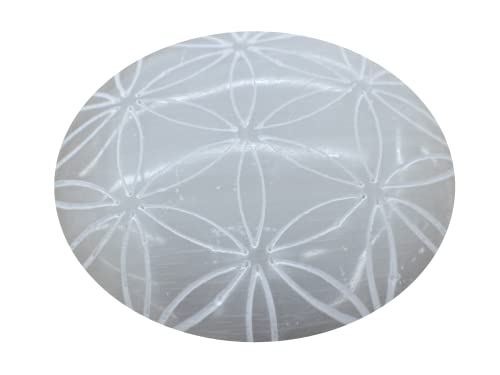 Image of Amazing Gemstone Selenite Palm Stone - Flower of Life Engraved Hot Massage Worry Stone for Natural Body Chakra Balancing, Reiki Healing and Crystal Grid