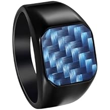 PAURO Mens Stainless Steel Minimalist Square Carbon Fibre Inlaid Checkered Signet Ring Plated Glossy Wedding Band