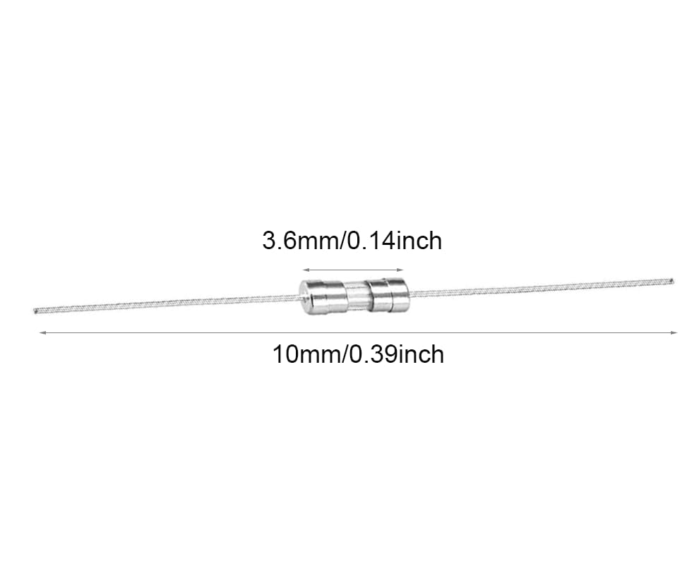 Close-up of a single Vigor_Source 10A 250V fuse with dimensions labeled