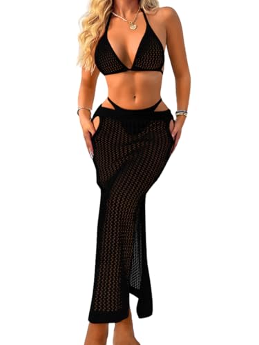 Women Sexy Two Piece Crochet Swimsuit Coverup, Slit Maxi Bikini Skirt Cover Up, Sheer Boho Bathing Suit Beach Outfits