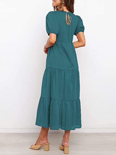Zesica Women's 2023 Casual Summer Crew Neck Short Puff Sleeve Smocked High Waist Ruffle Tiered A Line Midi Dress,Teal,Large #TOP1