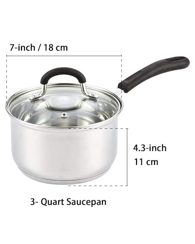 Cook N Home Saucepan Sauce Pot with Lid 3 Quart Stainless Steel, Stay Cool Handle, silver