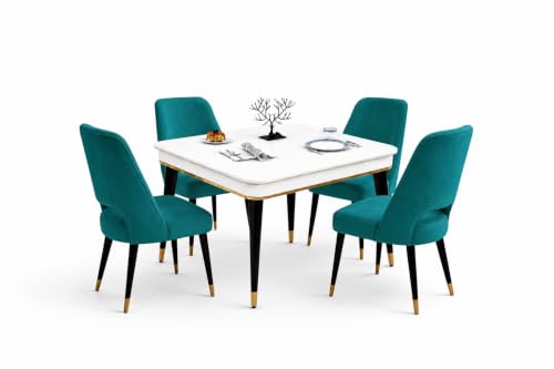 Image of WOODEN SPACE 4 Seater Wooden Dining Table Set | Urban Marble Top Dining Table with Chairs for Dining Room & Kitchen (Modern Vintage Sea Blue) (42 x 42 x 30 inch)