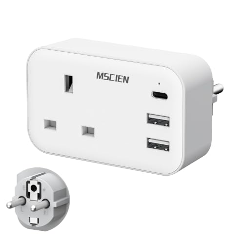Image of Mscien UK to European Plug Adapter with USB-C, EU Travel Plug, Type E/F