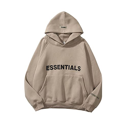 Unisex Essentials Hoodie Letter Print Loose Fit Hooded Sweatshirt Long Sleeve Casual Pullover Sweater for Women Men (XL, Brown)
