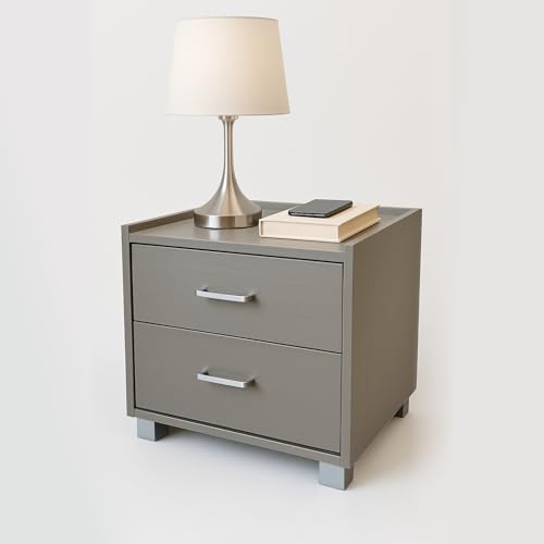 eacommerce - Comodino in Legno Melaminico | 2 Cassetti con Guide in Metallo | Maniglie in Alluminio Satinato | Piedini in ABS | Colore Tortora