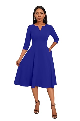Image of Nmoder Midi Dresses for Women A-Line Fit and Flare Dress 3 /4 Sleeve V Neck Cocktail Wedding Guest Work Dress with Pockets