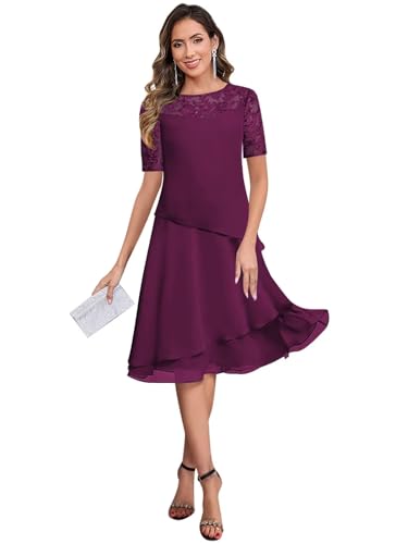 MXODIWomen'sChiffon Tea Length Mother of The Bride Dresses for Wedding Scoop Neck Lace Formal Evening Dress with Sleeves