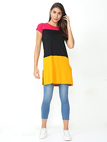 Image of FLEXIMAA Women's Cotton Round Neck Color Block Half Sleeve Long Top