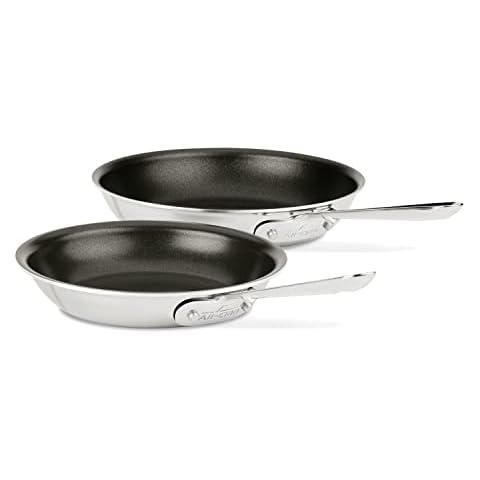 All-Clad D3 3-Ply Stainless Steel Non Stick Fry Pan Set 2 Piece, 8 & 10 Inch, Induction, Oven Broiler Safe 500F, Bonded, Engineered & Assembled in USA, Skillets, Pots and Pans Set, Cookware, Silver Cover