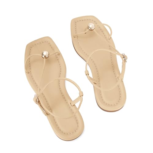 Image of Strappy Flat Sandals for Women Comfortable Open Square Toe Slingback Sandals Dressy Beach Thong Flip Flop Slides Sandals