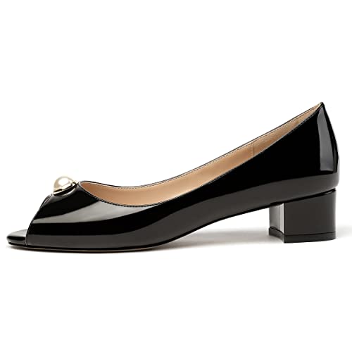 MODENCOCO Women's Peep Toe Patent Leather Slip On Pearl Decoration Chunky Low Heel Pumps Shoes 1.5 Inch2