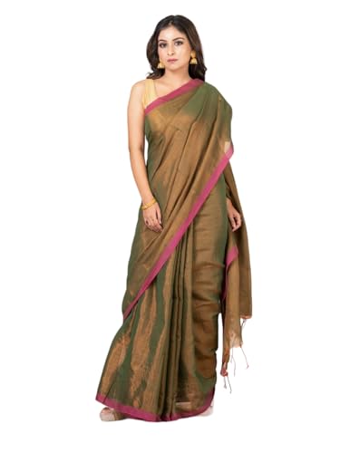 Image of Women's Tissue Cotton Saree | Plain Lightweight Tassel Pallu Saree with Blouse