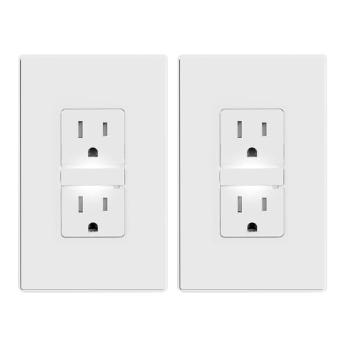 Image of ELEGRP Decorative Outlet Night Light, Electrical Wall Outlets with Built in Led Guidelight 6000K, Tamper Resistant Receptacle, 15 Amp 125 Volt, Plate Cover Included, Matte White, 2 Pack
